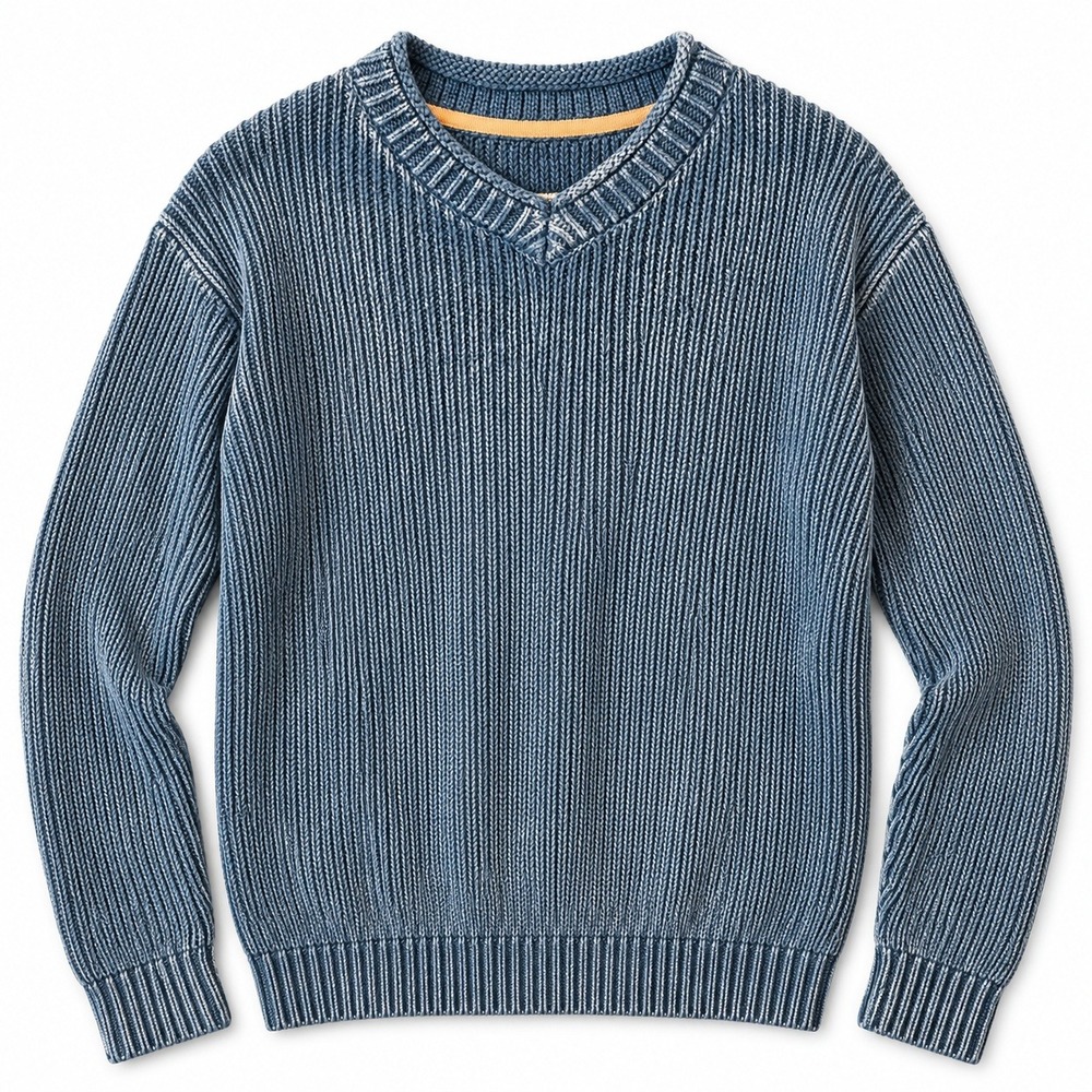 32 Bar Blues Sweater Cotton Ribbed Knit Men L Blue V-Neck Faded Wash Long Sleeve